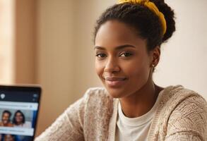 AI Generated A serene young woman participates in an online meeting, focused and engaged with her team via a laptop. photo