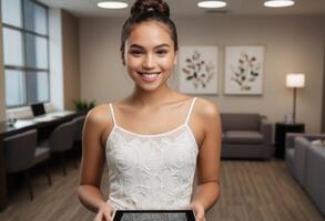 AI Generated Woman in a lace top relaxing in an office lounge. Casual and modern professional lifestyle. photo