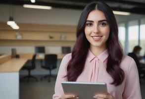 AI Generated Woman in pink blouse with tablet, office setting. Confident and relaxed demeanor. photo