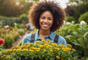 AI Generated A woman enjoys her time gardening, surrounded by lush greenery and flowers, promoting a connection with nature. photo