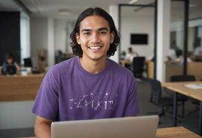 AI Generated A relaxed young man with a laptop is smiling and looking at the camera. The setting is a busy office with other professionals. photo