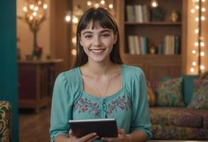 AI Generated Cheerful young woman using a tablet in a cozy, well-decorated space. Friendly and warm home or cafe environment. photo