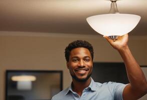 AI Generated A man reaches up to change a lightbulb at home, showing maintenance and care for his living space. photo