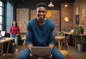 ai generado sonriente hombre utilizando tableta en un trabajo colaborativo espacio. moderno café con casual y creativo vibras. foto