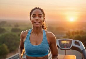 AI Generated A woman jogs at sunrise, enjoying the early morning serenity. Her active lifestyle is energized by the rising sun. photo