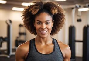 AI Generated A cheerful woman smiles in a fitness center, taking a break from her workout routine. photo