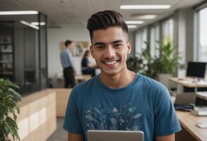 AI Generated A young man smiling, holding a digital tablet in an office space. His relaxed demeanor suggests comfort with technology and business. photo