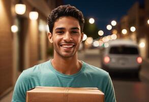 AI Generated A delivery man smiles during an evening delivery, service illuminated by the street lights. photo