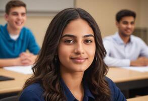 AI Generated A young woman is focused while sitting in a classroom. The academic setting emphasizes education and learning. photo