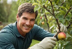 AI Generated A man smiles as he picks apples from a tree in an orchard. The scene depicts a joyful harvest moment. photo