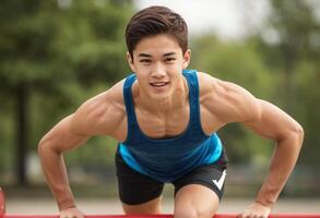 AI Generated An athletic man during an intense outdoor workout, demonstrating strength and focus. photo