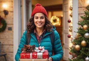 AI Generated A smiling woman wearing a festive hat holds a Christmas gift, surrounded by holiday decorations. photo