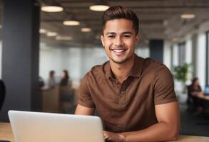 AI Generated A smiling man works on a laptop in a corporate setting. photo