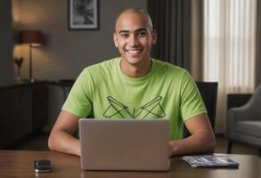 AI Generated Man in green t-shirt working on laptop at home. Comfortable and casual remote work setting. photo