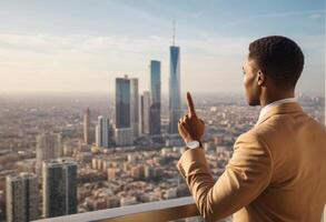 ai generado un hombre soportes con vista a un vasto paisaje urbano, reflexivo y absorbido en el urbano vista. foto