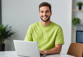 AI Generated Young man in green t-shirt working on his laptop. Casual and focused work environment. photo