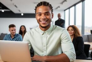 AI Generated Man in green shirt with laptop, smiling in office. Friendly and productive workday. photo