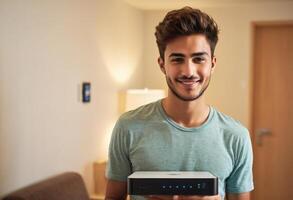 AI Generated A man smiles as he listens to music at home, showing enjoyment and relaxation with his wireless device. photo