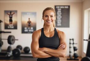 AI Generated A fit woman poses confidently in a fitness gym. Her workout regimen contributes to her strong physique. photo