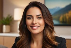AI Generated A smiling professional woman in her office exudes confidence and friendliness. photo