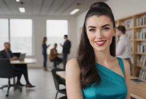 AI Generated Woman in blue top using laptop in office, elegant style. Focused and composed in business setting. photo