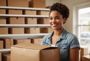 AI Generated A joyful woman unpacks boxes in a new home, surrounded by moving supplies. photo