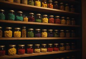 AI Generated A man takes a selfie in a spice shop, with shelves of colorful spices behind him. The shop is vibrant and full of variety. photo