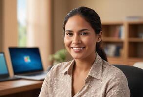 AI Generated A professional woman smiles as she works in an office setting, exuding confidence and competence. photo