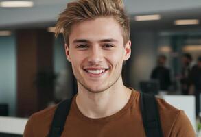 AI Generated A young man with a casual style smiles at the camera in an office setting. His backpack suggests he's on the go, while his friendly demeanor adds a warm touch. photo