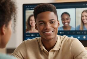 AI Generated A smiling teen participates in an online class, visible on the computer screen with peers. photo