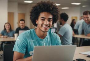 AI Generated Smiling young man using laptop in office. Energetic and productive ambiance with teamwork. photo