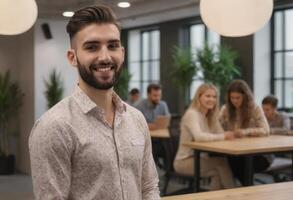AI Generated A young businessman with a beard stands confidently in the office, with colleagues in the background, depicting leadership and professionalism. photo