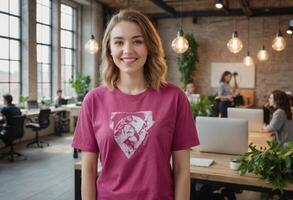 ai generado contento joven mujer en un casual camiseta a el oficina. rodeado por colegas en un espacioso, bien iluminado espacio de trabajo foto