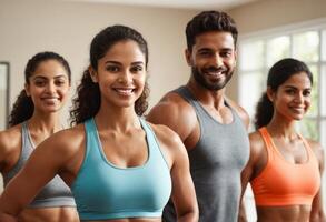 AI Generated A group of friends pose together in a gym setting, displaying fitness and camaraderie. Their active lifestyle is apparent. photo