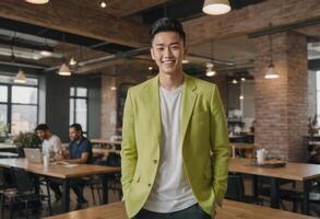 ai generado un sonriente joven hombre usa un brillante verde chaqueta en un animado oficina ambiente. su abierto expresión y casual estilo exudar amabilidad y confianza. foto