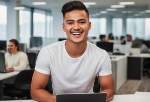 AI Generated Man in white shirt focused on his laptop work. Professional and driven corporate setting. photo