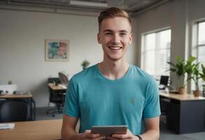 AI Generated A happy young man in blue, engaging with a device in an office. His satisfaction with the task at hand is evident. photo