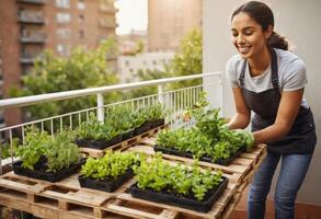 AI Generated A smiling woman tends to her balcony garden plants, showing joy in her urban horticulture activity. photo