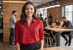 AI Generated A confident female professional stands in a bustling office space. Her red blouse and smile convey leadership and approachability. photo