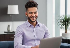 AI Generated Man in a casual shirt working on a laptop in a co-working space. Relaxed yet productive atmosphere. photo