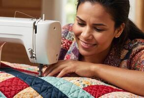 AI Generated A woman focuses on sewing a colorful quilt, the intricate patterns showcasing her skill and creativity. photo