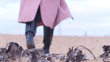 Rear view of female black shoes on the sand, close up view. Stock footage. Woman wearing black leather boots and pink coat walking away on sandy coast with dry tree leaves. video