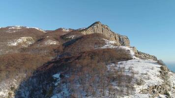 Antenne Aussicht von sonnig alp Berge im Winter bedeckt durch Schnee und kahl Bäume auf Blau Himmel Hintergrund. Schuss. fliegend Über steil Klippen auf ein sonnig Tag. video