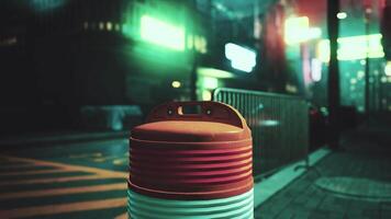 A red and white trash can sitting on the side of a road video