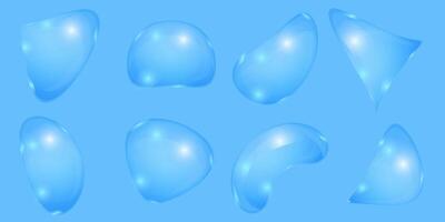 Transparent liquid forms with light refraction. Bubbles imitating water drops or glass isolated on blue background. Vector