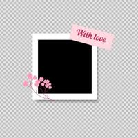 Photo frame mockup scrapbook realistic with shadows, sticker and flower on background. Vector illustration