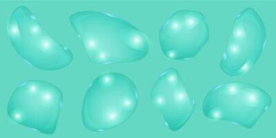 Transparent liquid forms with light refraction. Bubbles imitating water drops or glass isolated on green background. Vector