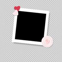 Photo frame mockup scrapbook realistic with shadows, flower and hearts on grey background. Vector illustration