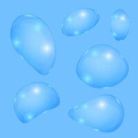 Transparent liquid forms with light refraction. Bubbles imitating water drops or glass isolated on blue background. Vector