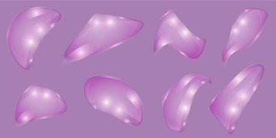 Transparent liquid forms with light refraction. Bubbles imitating water drops or glass isolated on purple background. Vector